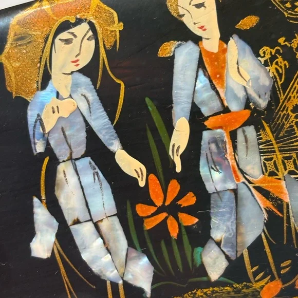 vintage Japanese black lacquer jewelry box intricate mother-of-pearl - Picture 2 of 12